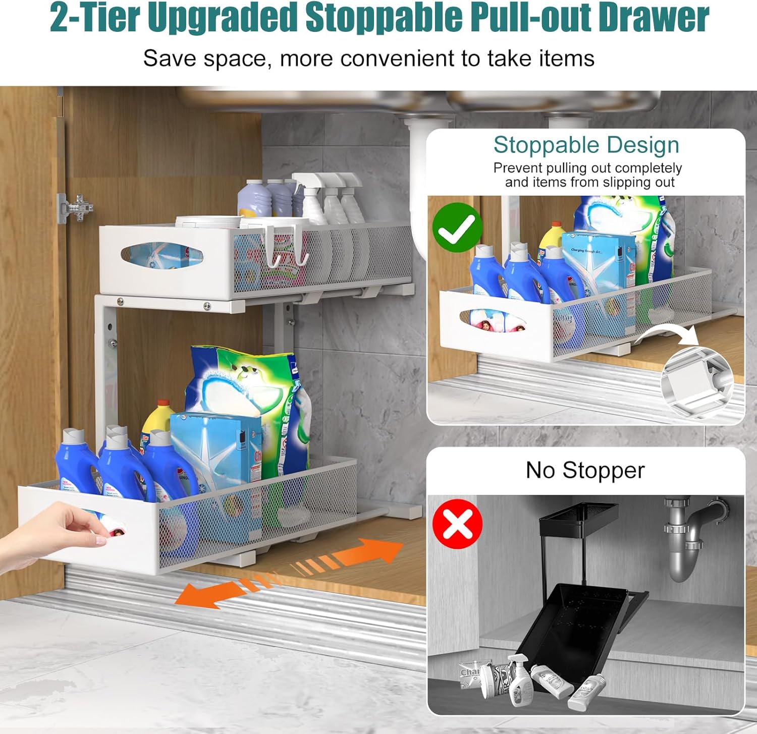 CARLA HOME Height-Adjustable L-Shape Under Sink Organizer with Pull-Out Baskets - White, 1 Pack