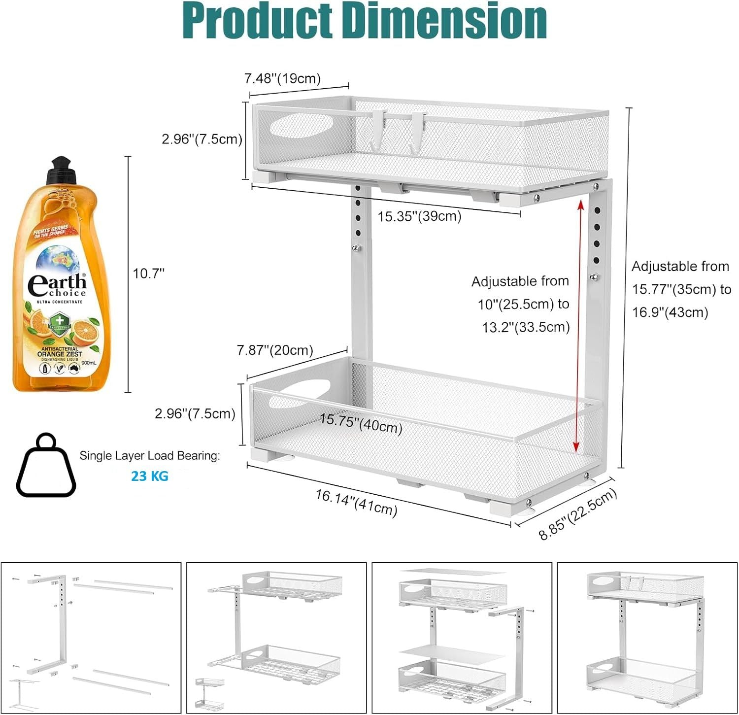 CARLA HOME Height-Adjustable L-Shape Under Sink Organizer with Pull-Out Baskets - White, 1 Pack