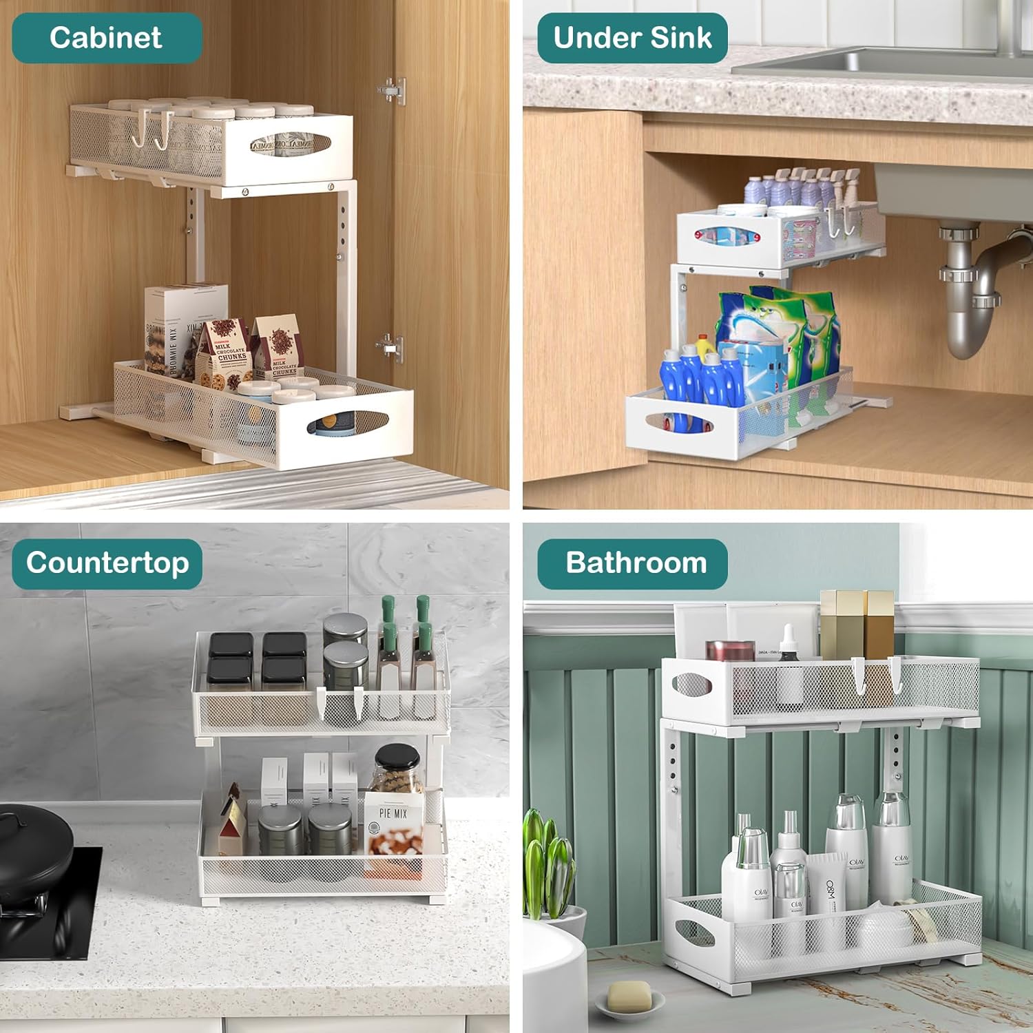 CARLA HOME Height-Adjustable L-Shape Under Sink Organizer with Pull-Out Baskets - White, 1 Pack