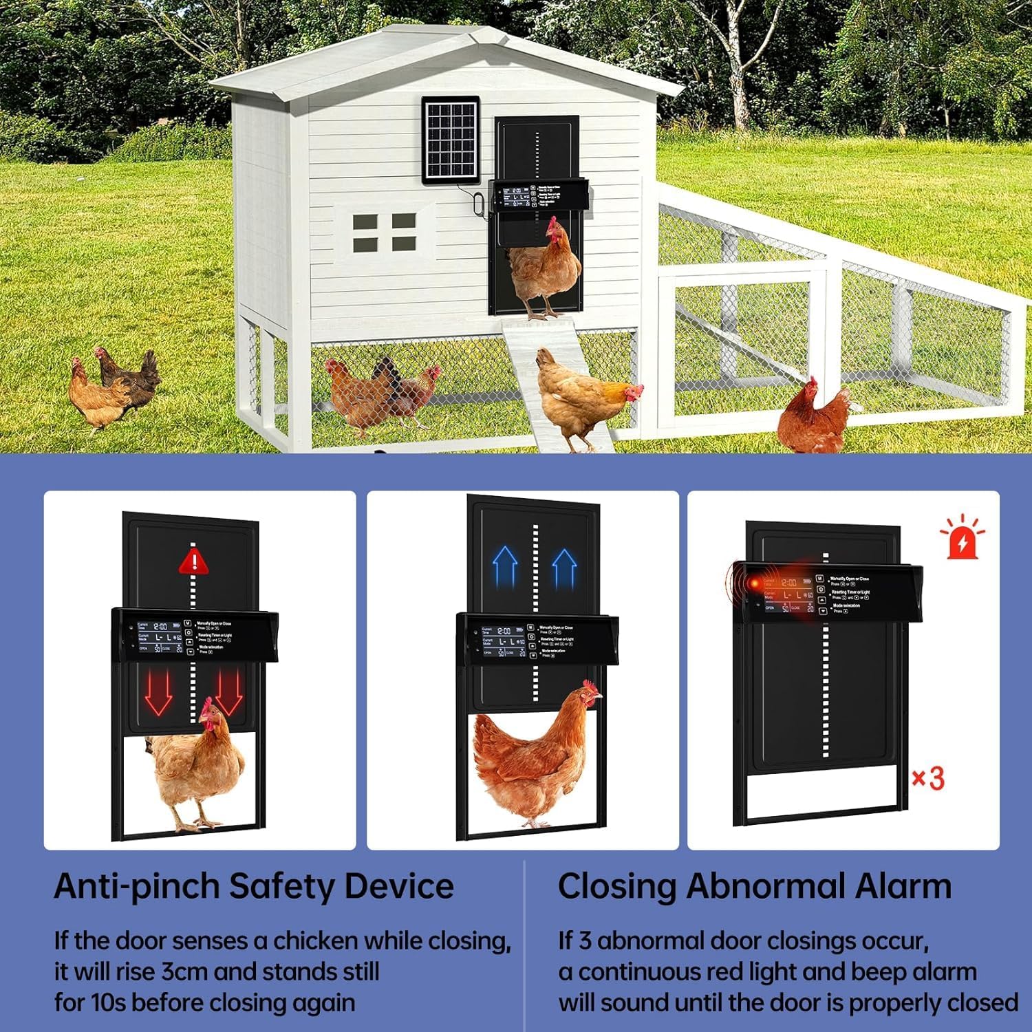 CARLA HOME Solar Automatic Chicken Coop Door with 4 Modes & Anti-Pinch