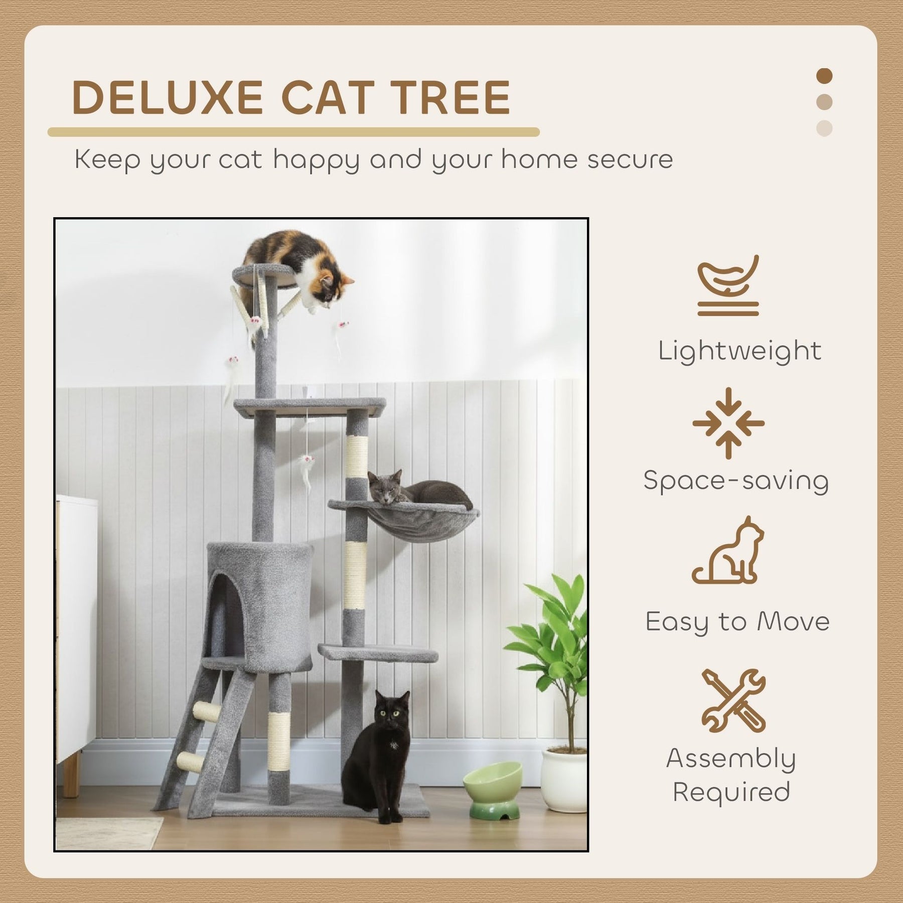 CARLA HOME 134cm Cat Tree with Hammock & Sisal Posts - Light Grey
