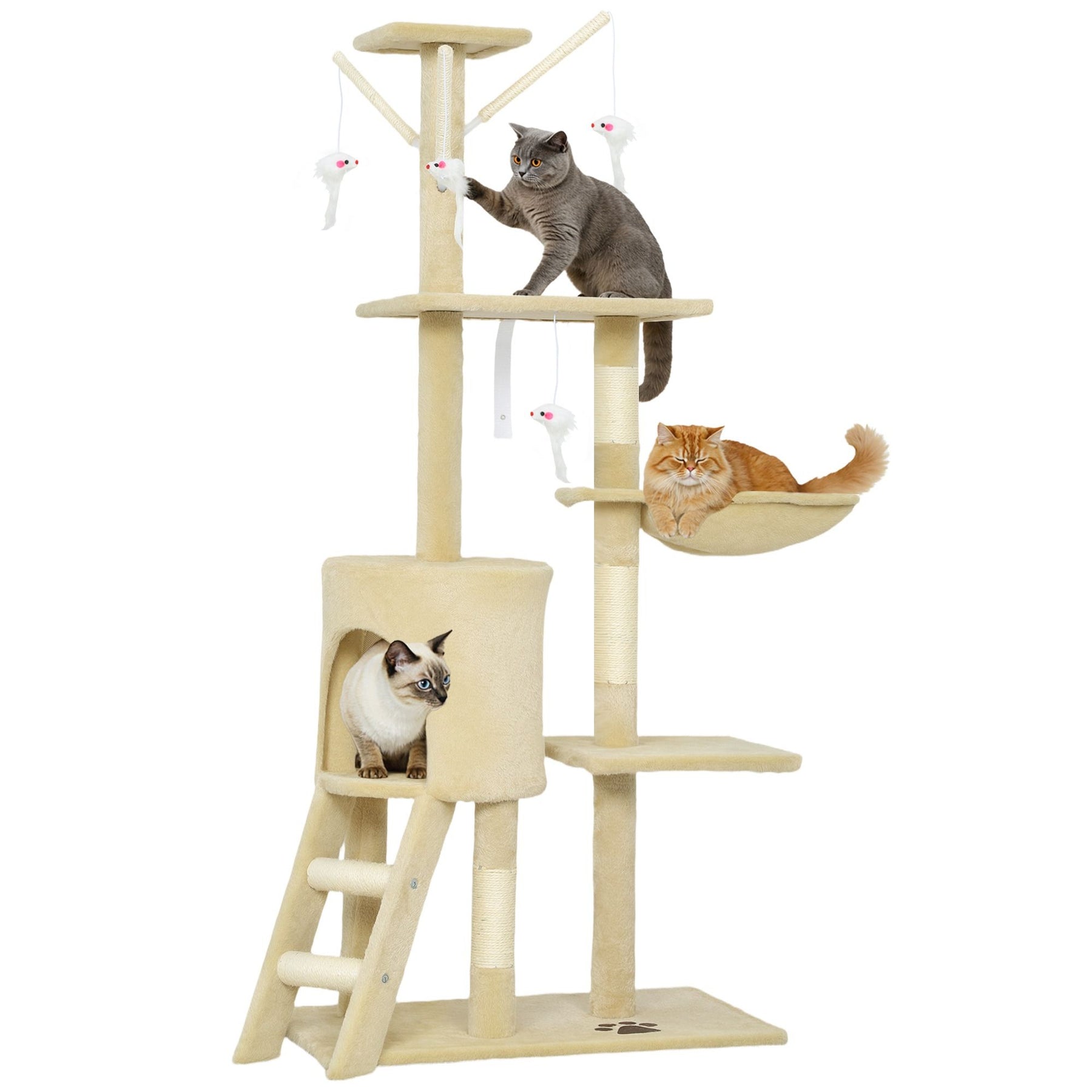 CARLA HOME Cat Tree with Hammock, Plush Perch & Sisal Posts - Beige 134cm