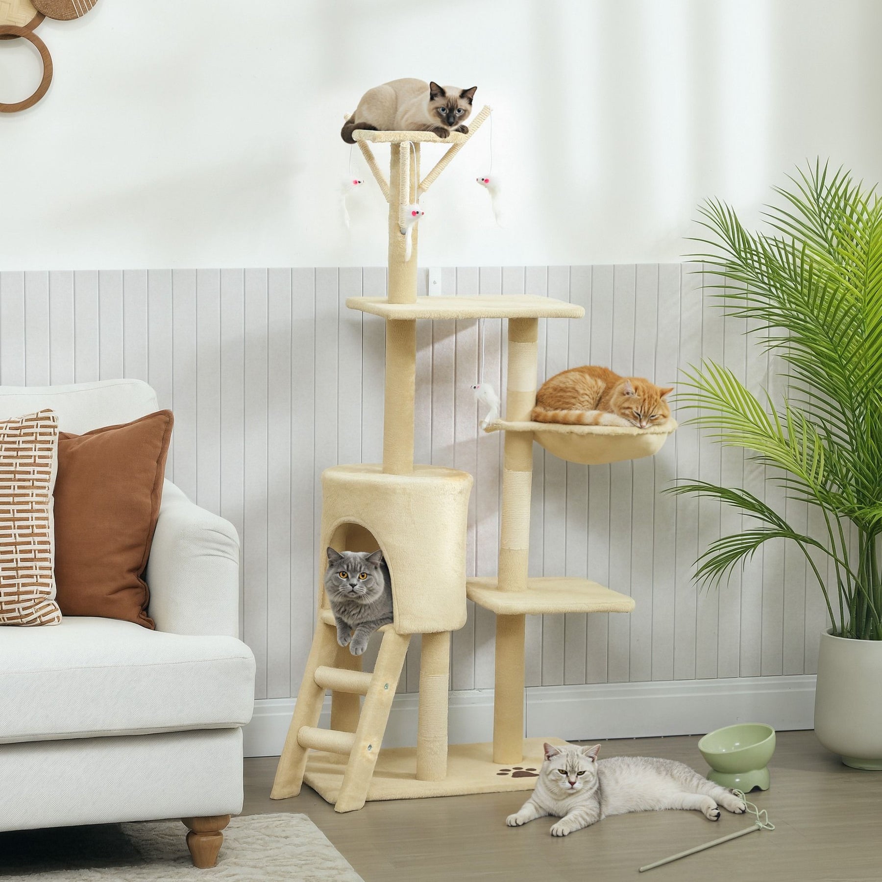 CARLA HOME Cat Tree with Hammock, Plush Perch & Sisal Posts - Beige 134cm