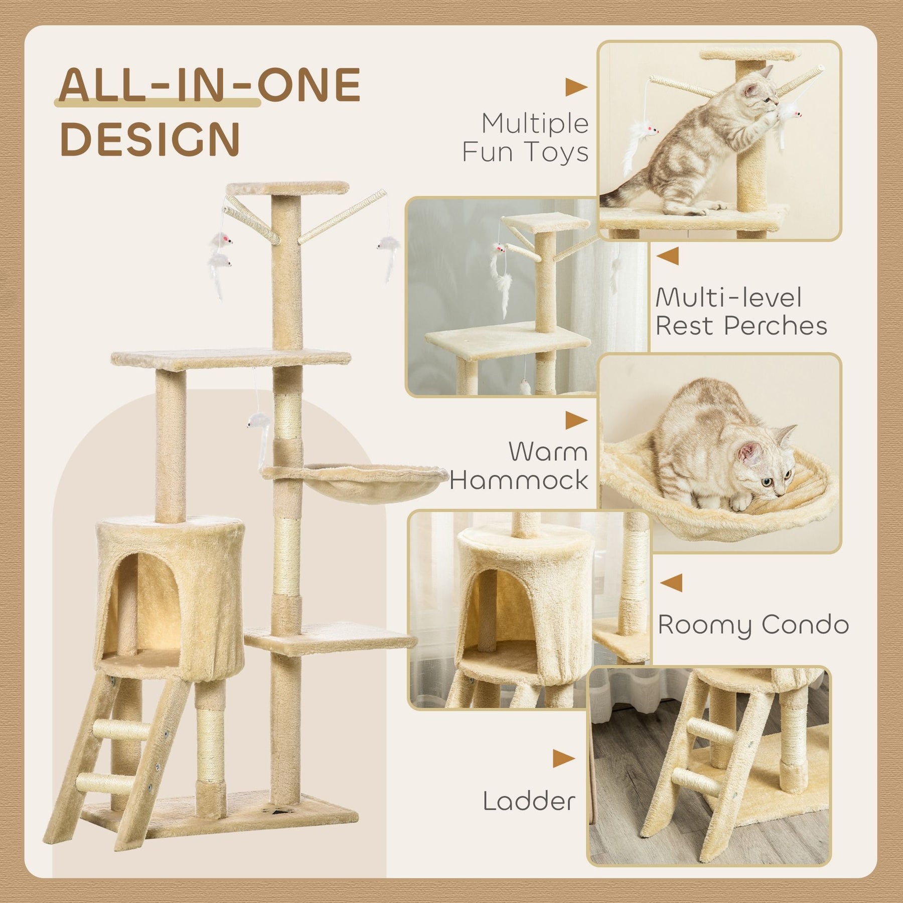 CARLA HOME Cat Tree with Hammock, Plush Perch & Sisal Posts - Beige 134cm