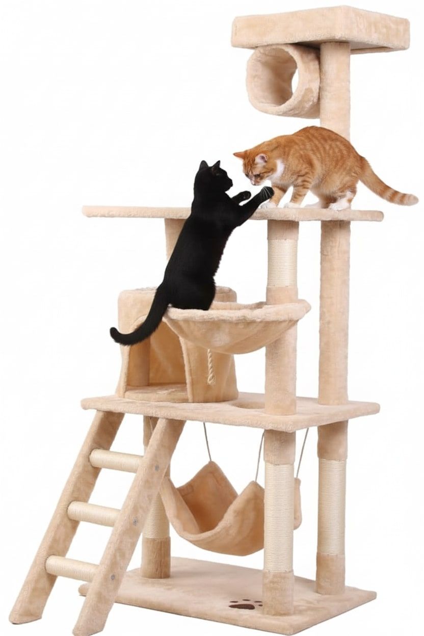 CARLA HOME Cat Tree Tower with Ladder, Hammock & Condo - Beige 141cm