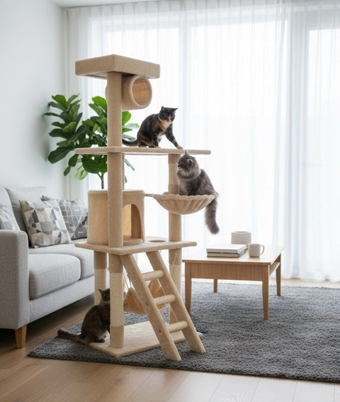 CARLA HOME Cat Tree Tower with Ladder, Hammock & Condo - Beige 141cm