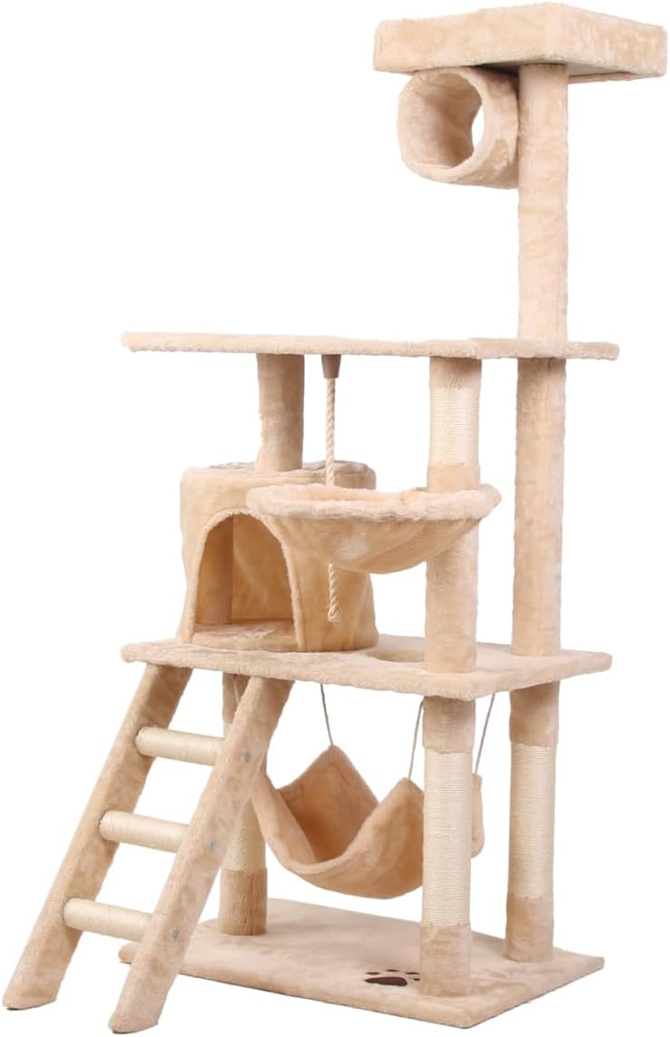 CARLA HOME Cat Tree Tower with Ladder, Hammock & Condo - Beige 141cm