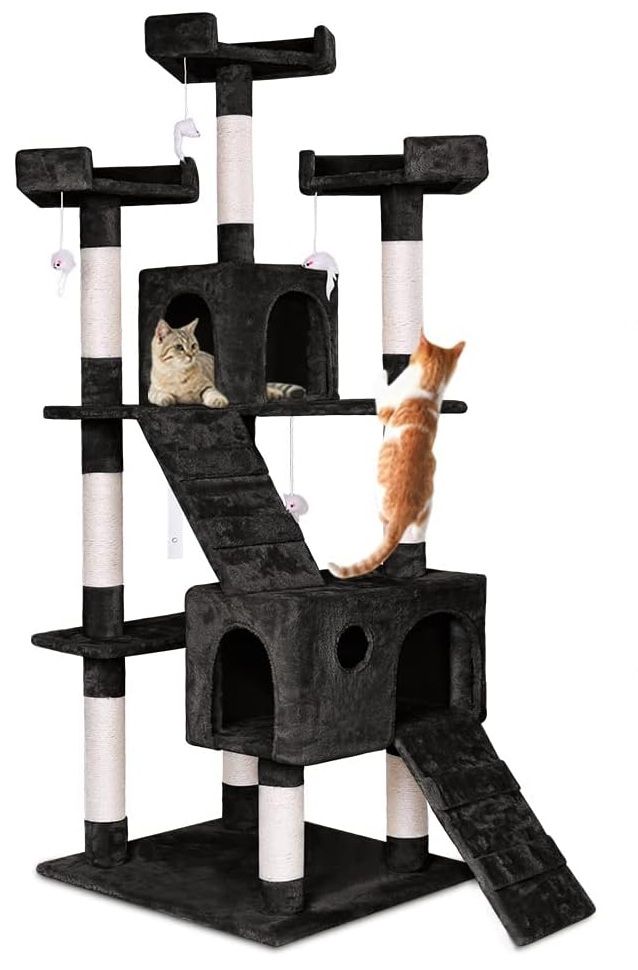 CARLA HOME Cat Tree Tower – Black 180cm, Dual Condos & Sisal Ramps