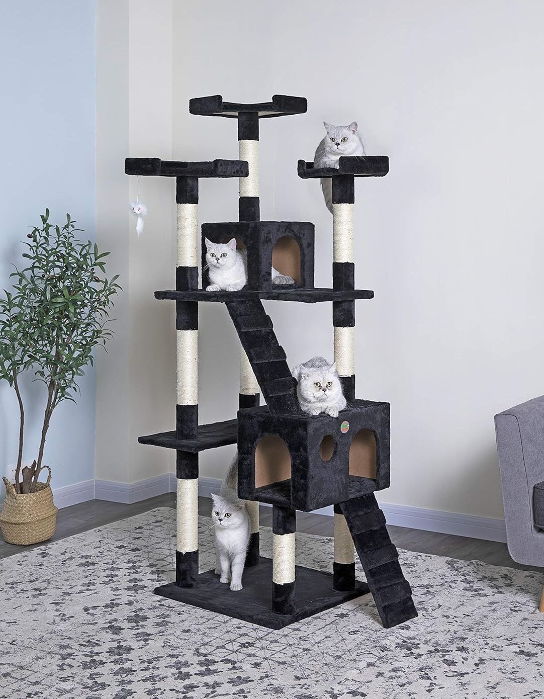CARLA HOME Cat Tree Tower – Black 180cm, Dual Condos & Sisal Ramps