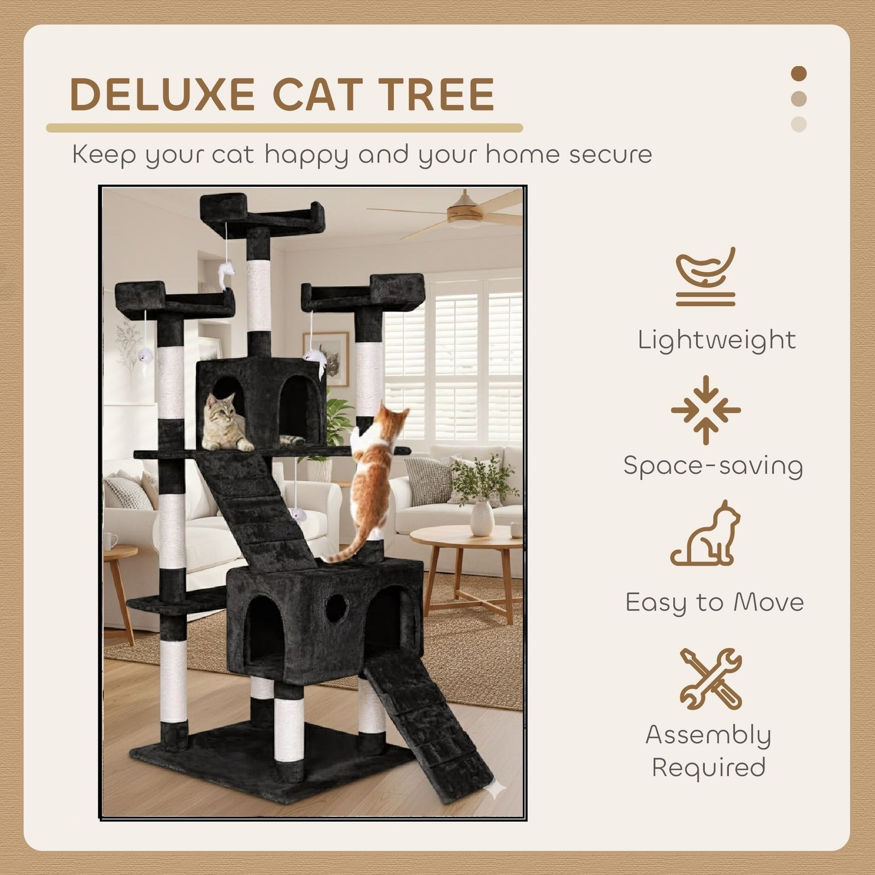 CARLA HOME Cat Tree Tower – Black 180cm, Dual Condos & Sisal Ramps