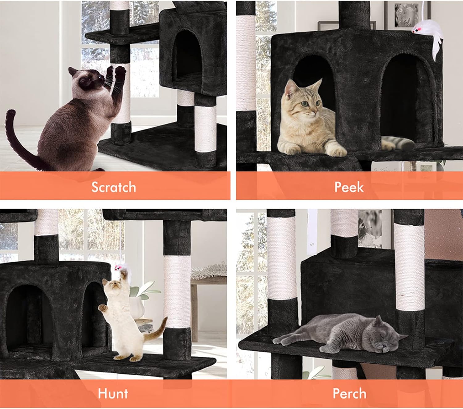 CARLA HOME Cat Tree Tower – Black 180cm, Dual Condos & Sisal Ramps