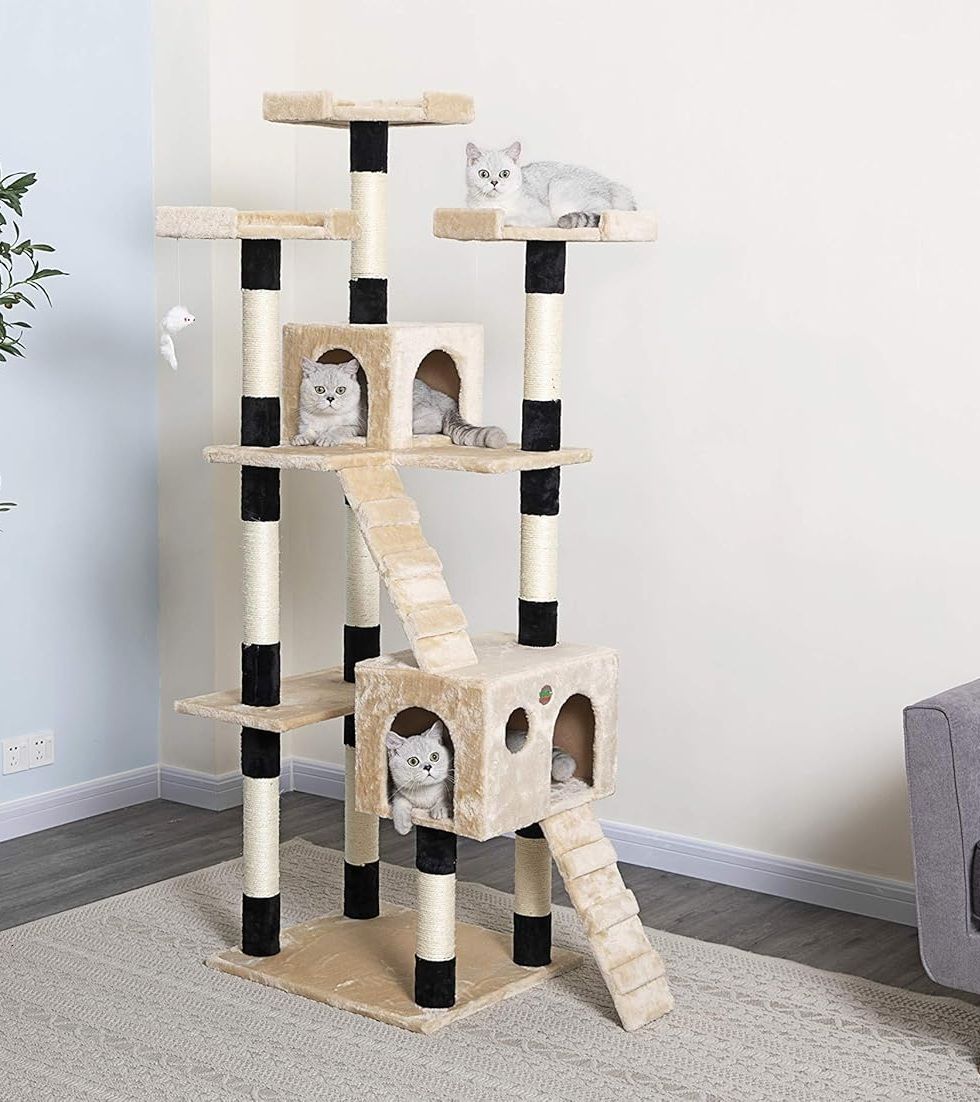 CARLA HOME Cat Tree Tower – Beige 180cm, Dual Condos & Sisal Ramps