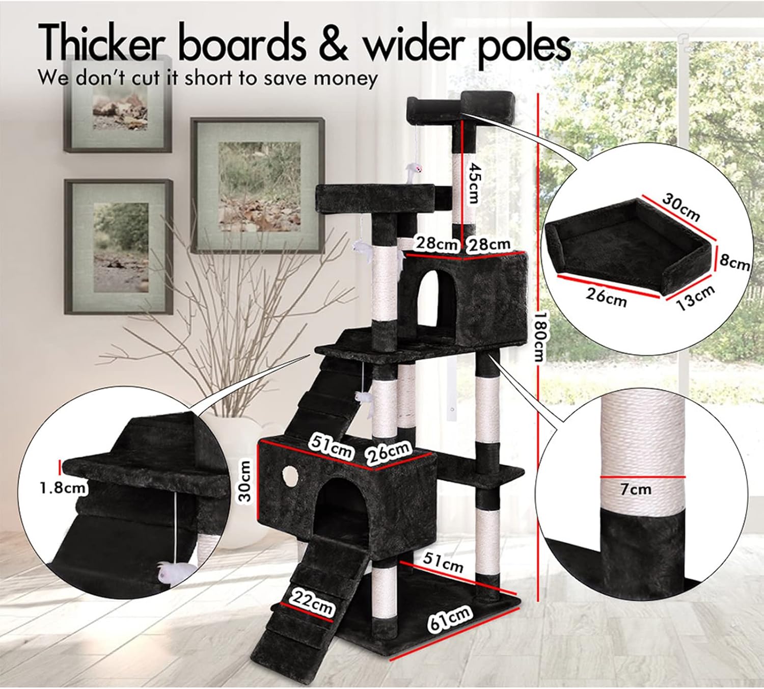 CARLA HOME Cat Tree Tower – Beige 180cm, Dual Condos & Sisal Ramps