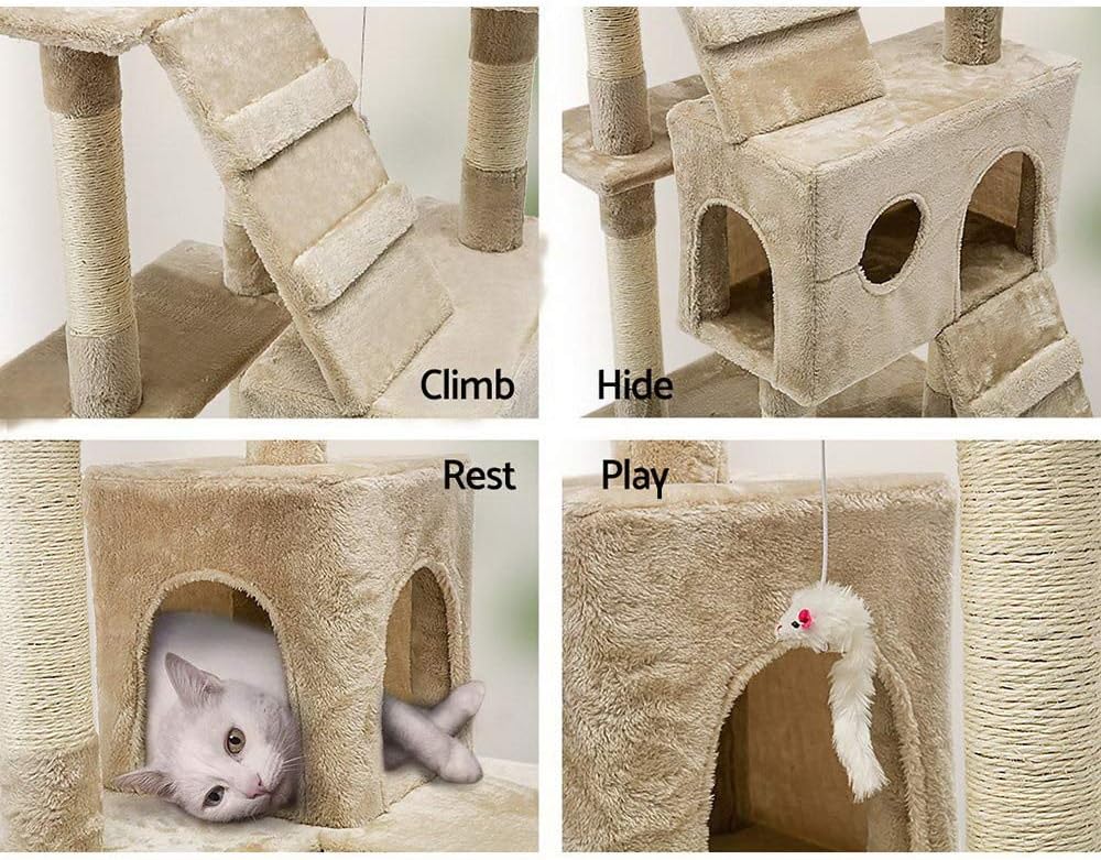 CARLA HOME Cat Tree Tower – Beige 180cm, Dual Condos & Sisal Ramps