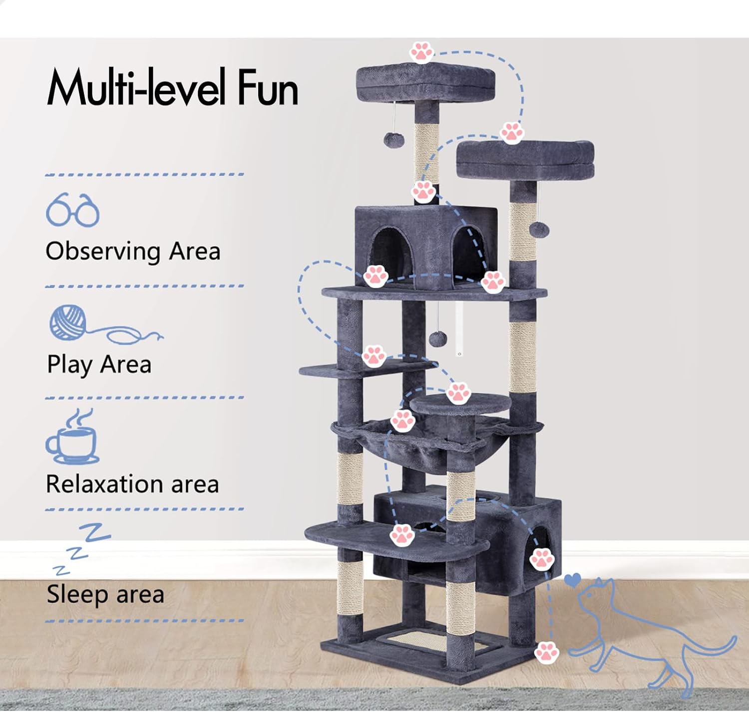 CARLA HOME Cat Tree Tower – Grey 180cm, Plush Perches & Dual Condos