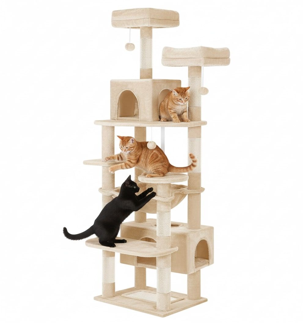CARLA HOME Cat Tree Tower – Beige 180cm, Plush Perches & Dual Condos