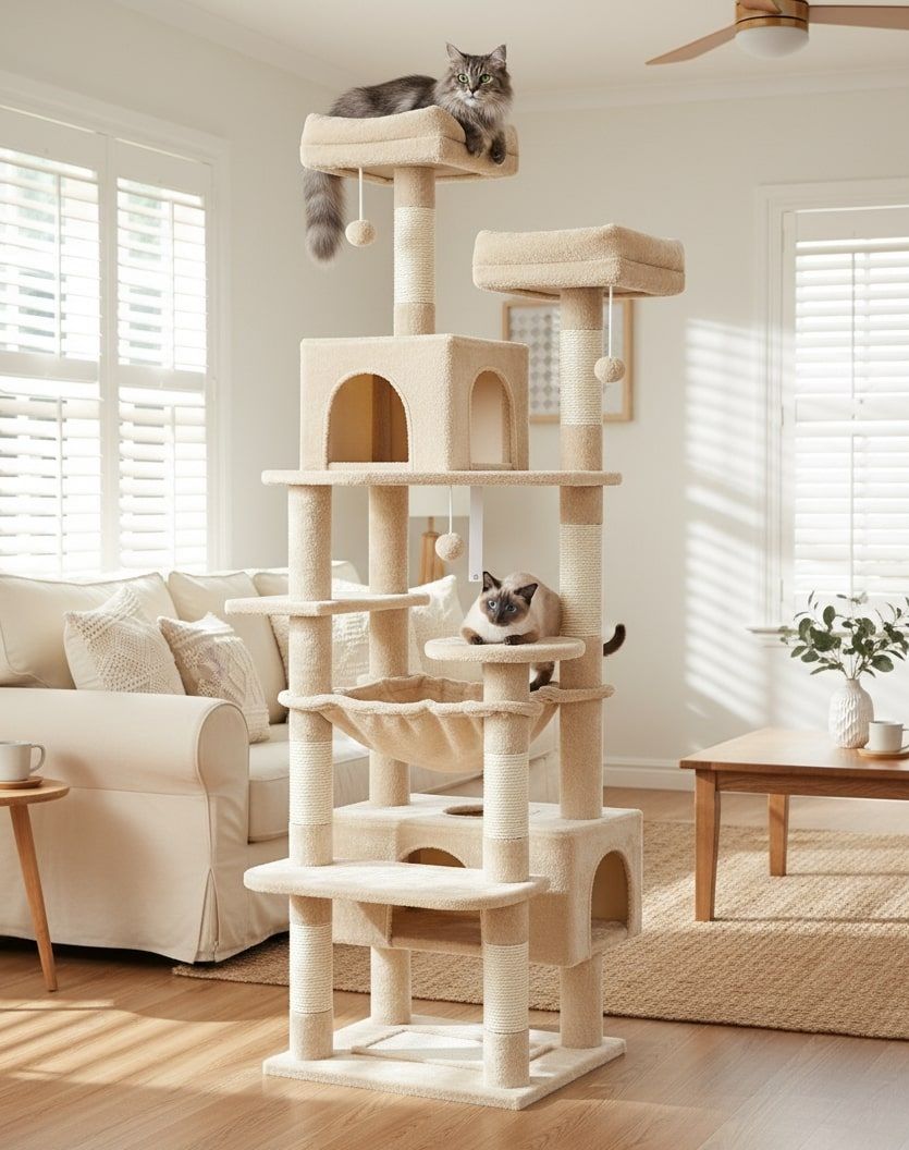 CARLA HOME Cat Tree Tower – Beige 180cm, Plush Perches & Dual Condos