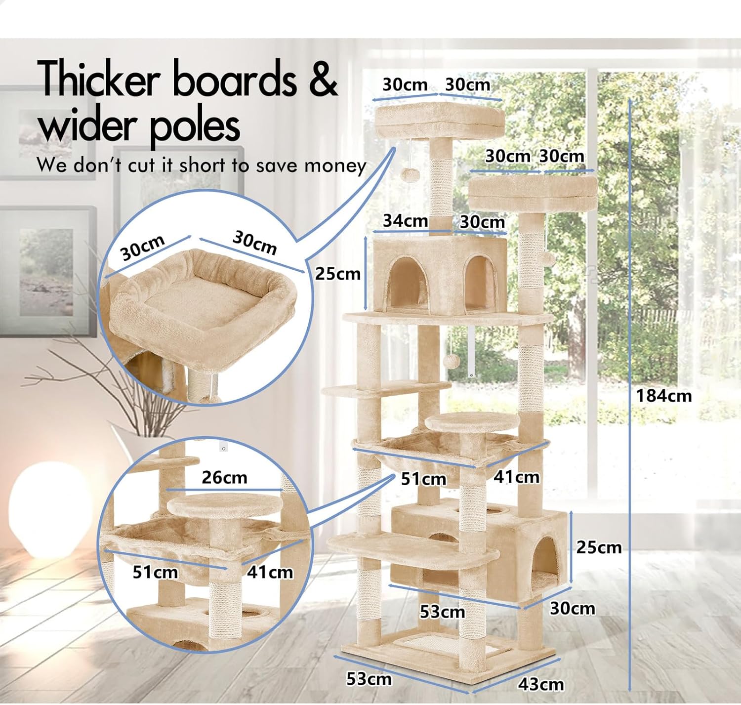 CARLA HOME Cat Tree Tower – Beige 180cm, Plush Perches & Dual Condos