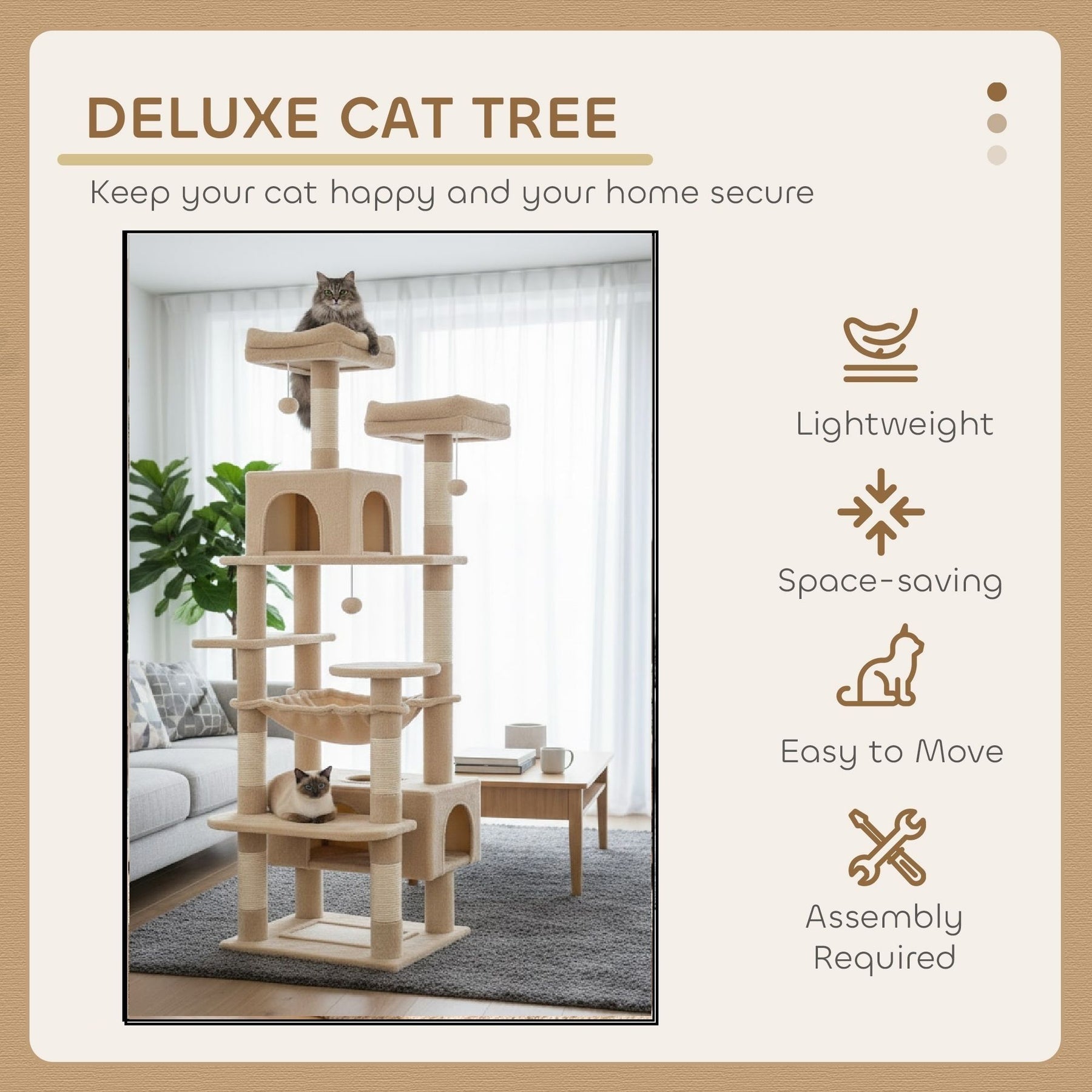 CARLA HOME Cat Tree Tower – Beige 180cm, Plush Perches & Dual Condos