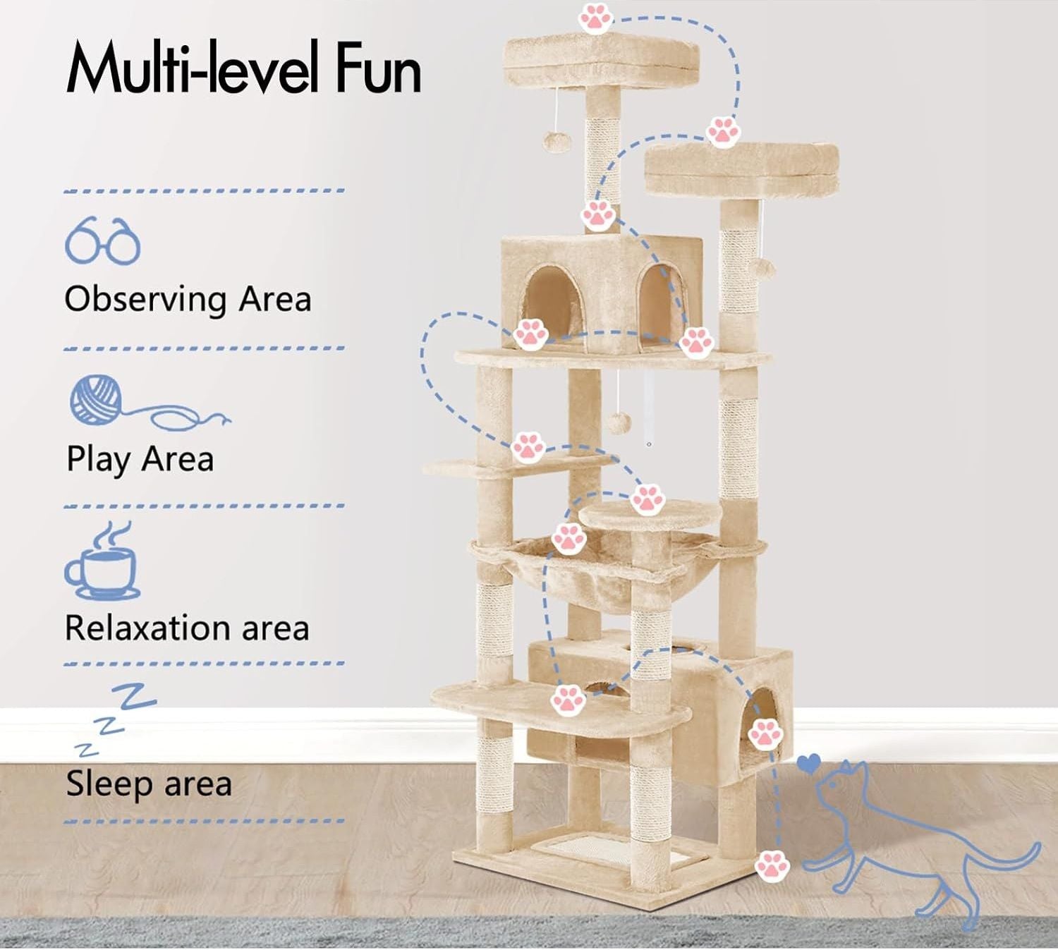 CARLA HOME Cat Tree Tower – Beige 180cm, Plush Perches & Dual Condos