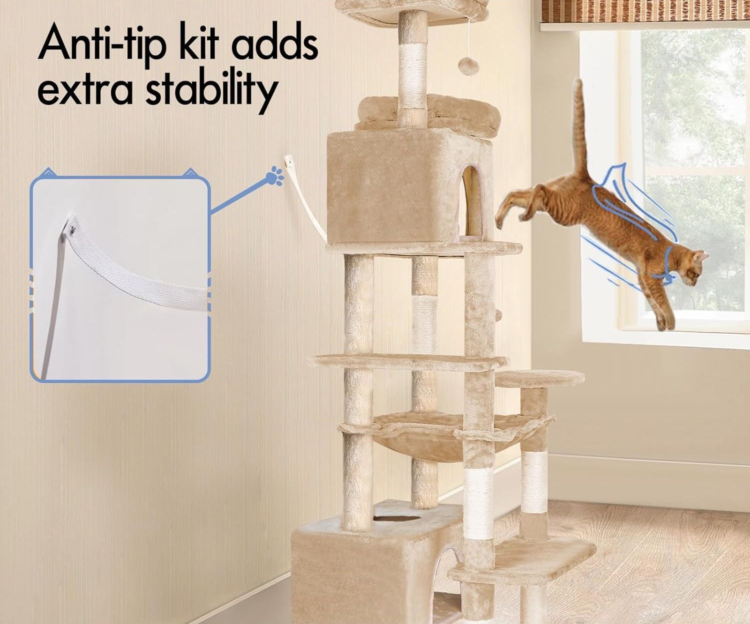 CARLA HOME Cat Tree Tower – Beige 180cm, Plush Perches & Dual Condos
