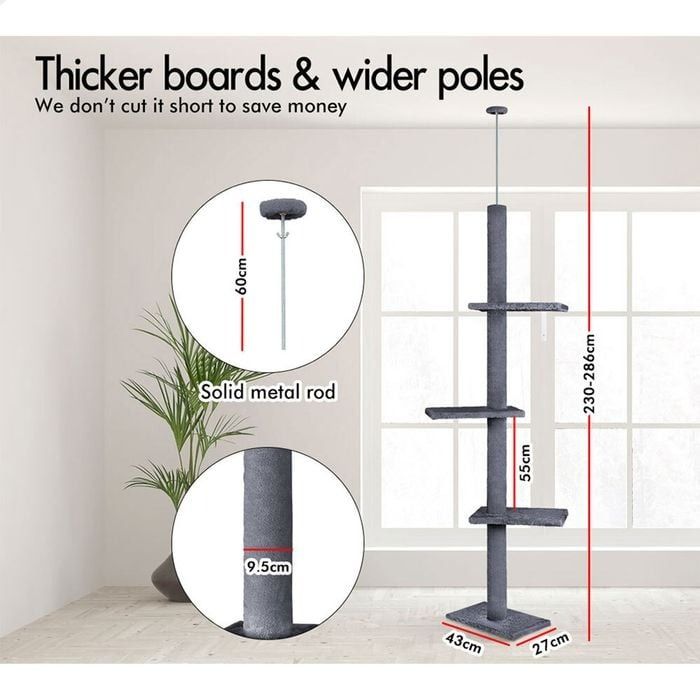CARLA HOME Floor to Ceiling Cat Tree Tower – Grey 230-286cm Adjustable Height