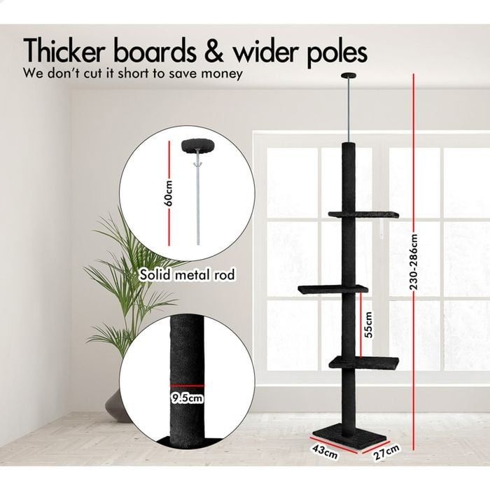 CARLA HOME Floor to Ceiling Cat Tree Tower – Black 230-286cm Adjustable Height