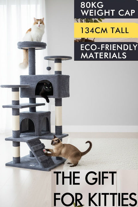 CARLA HOME Cat Tree Tower – Dark Grey 134cm, Plush Perches & Sisal Scratching Posts