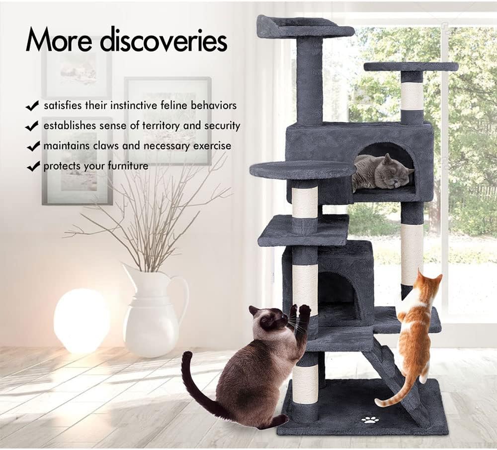 CARLA HOME Cat Tree Tower – Dark Grey 134cm, Plush Perches & Sisal Scratching Posts