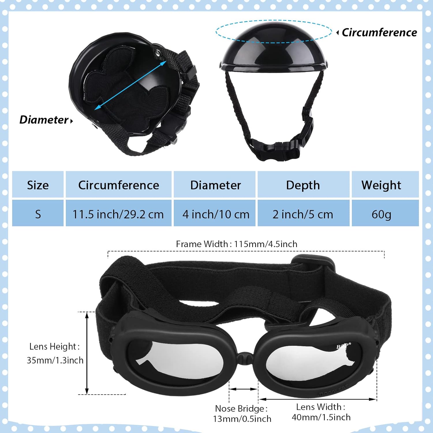 Premium Black Small Dog Helmet and Goggles Set Adjustable Pet Travel Costume Gear