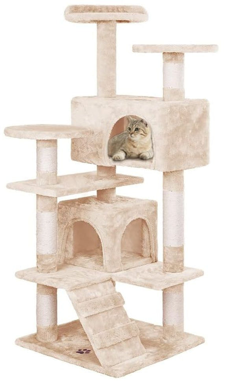 CARLA HOME Cat Tree Tower – Beige 134cm, Plush Perches & Sisal Scratching Posts