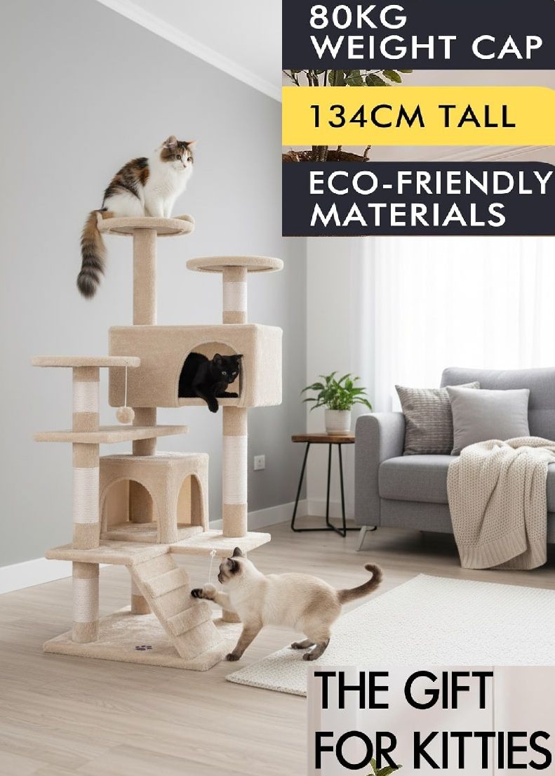 CARLA HOME Cat Tree Tower – Beige 134cm, Plush Perches & Sisal Scratching Posts