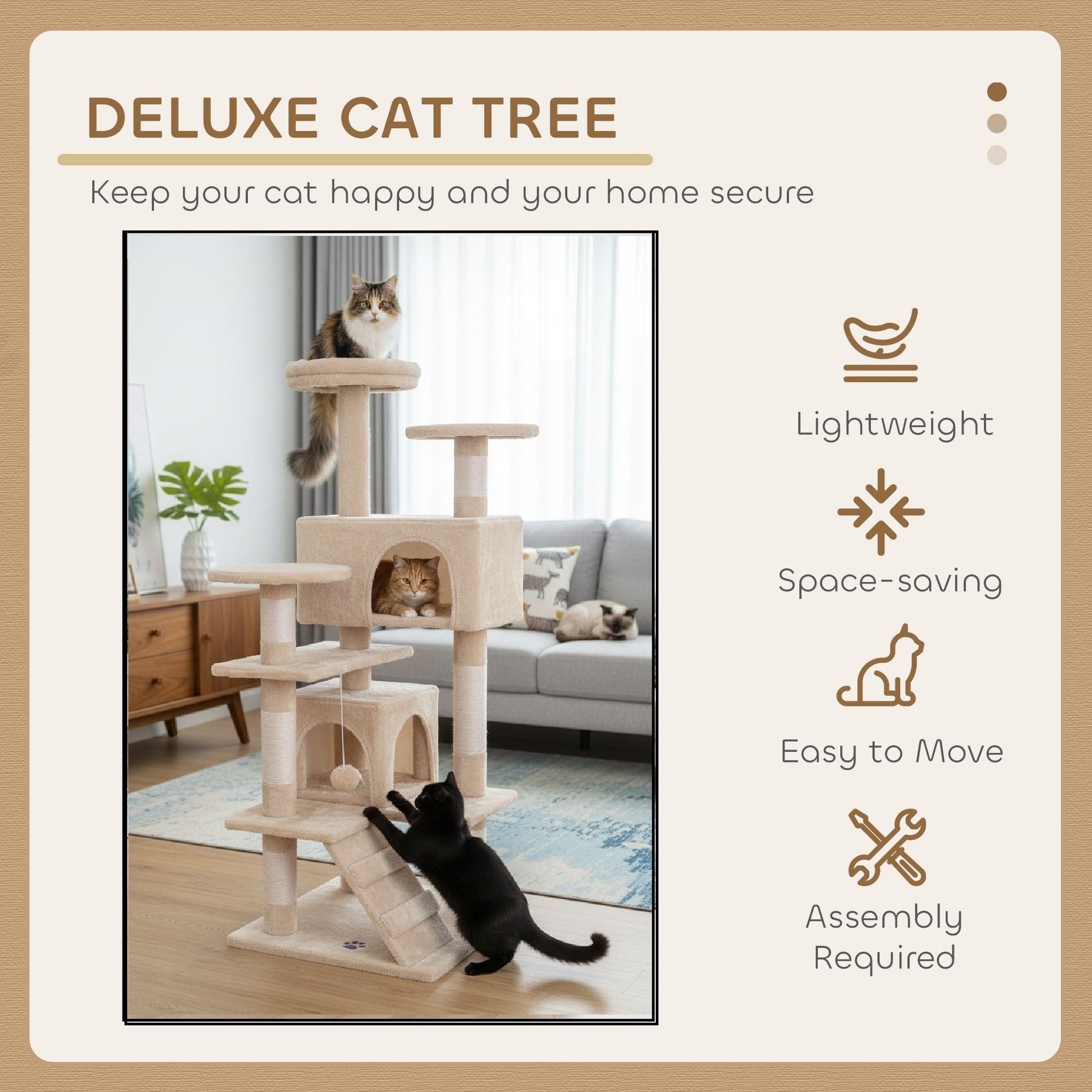 CARLA HOME Cat Tree Tower – Beige 134cm, Plush Perches & Sisal Scratching Posts
