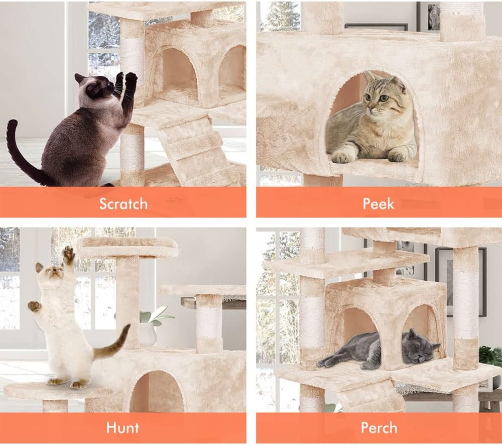 CARLA HOME Cat Tree Tower – Beige 134cm, Plush Perches & Sisal Scratching Posts