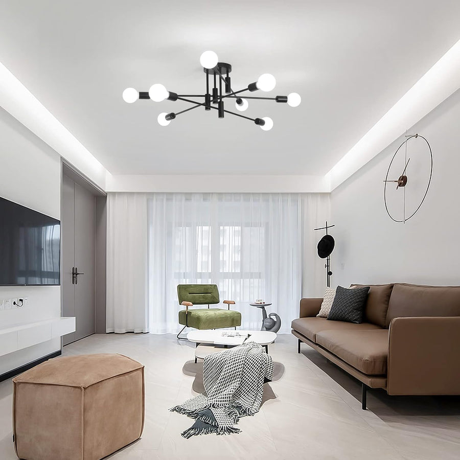 Premium Modern 8 Light Sputnik Semi Flush Chandelier - Black