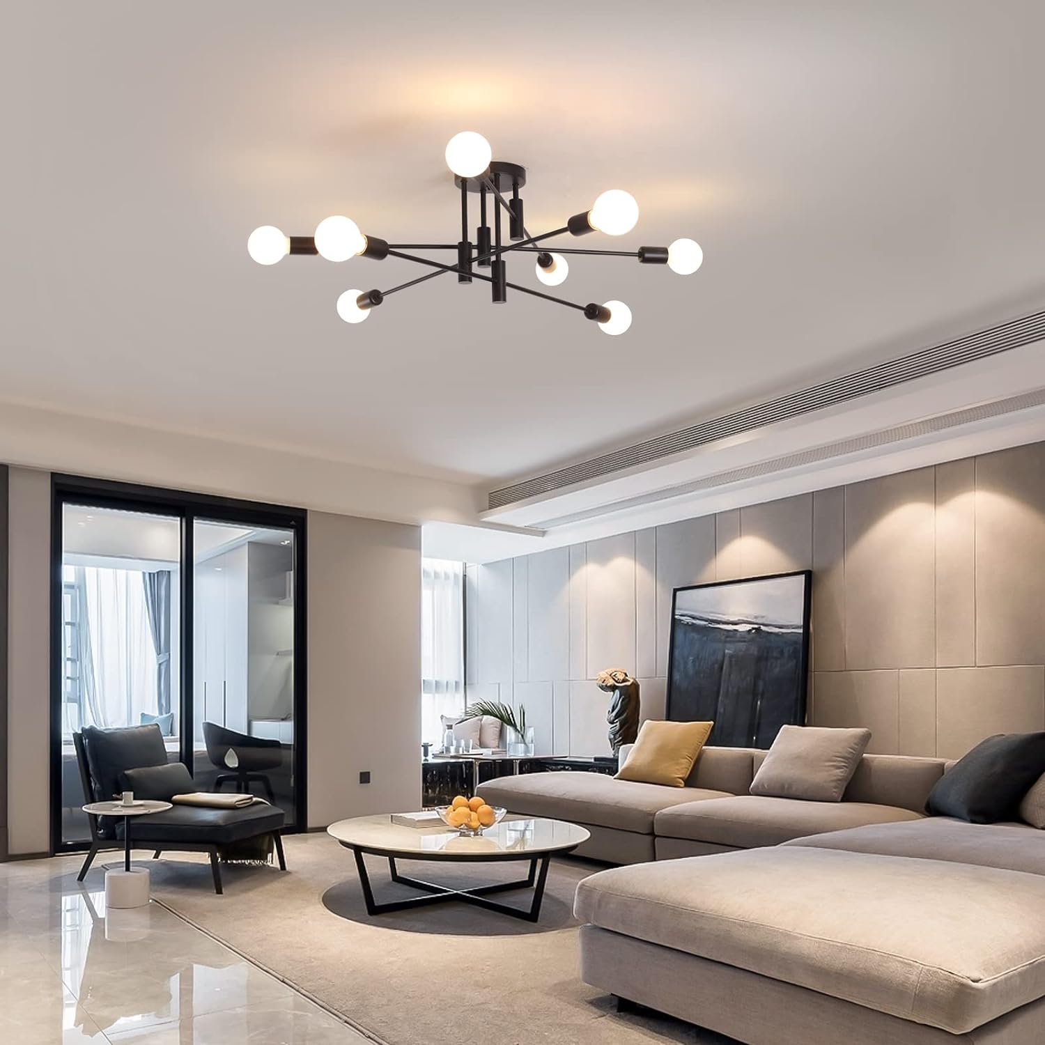 Premium Modern 8 Light Sputnik Semi Flush Chandelier - Black