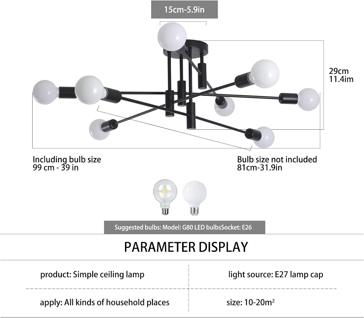 Premium Modern 8 Light Sputnik Semi Flush Chandelier - Black
