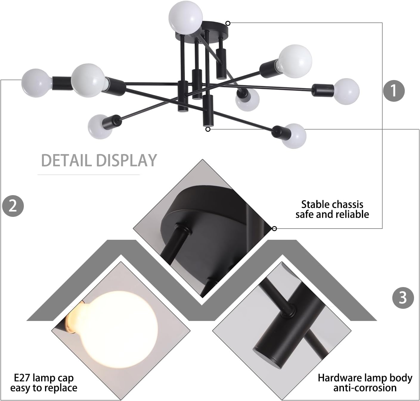 Premium Modern 8 Light Sputnik Semi Flush Chandelier - Black