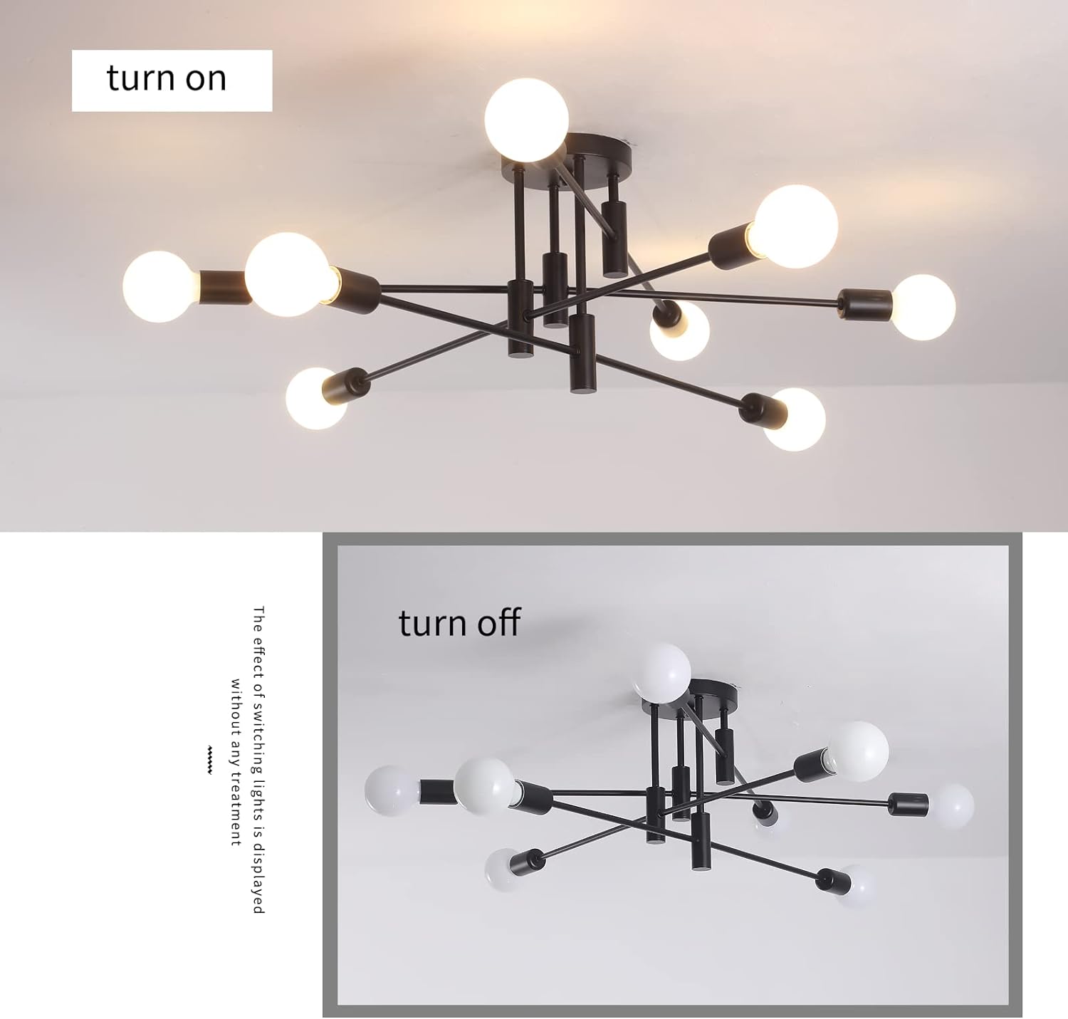 Premium Modern 8 Light Sputnik Semi Flush Chandelier - Black