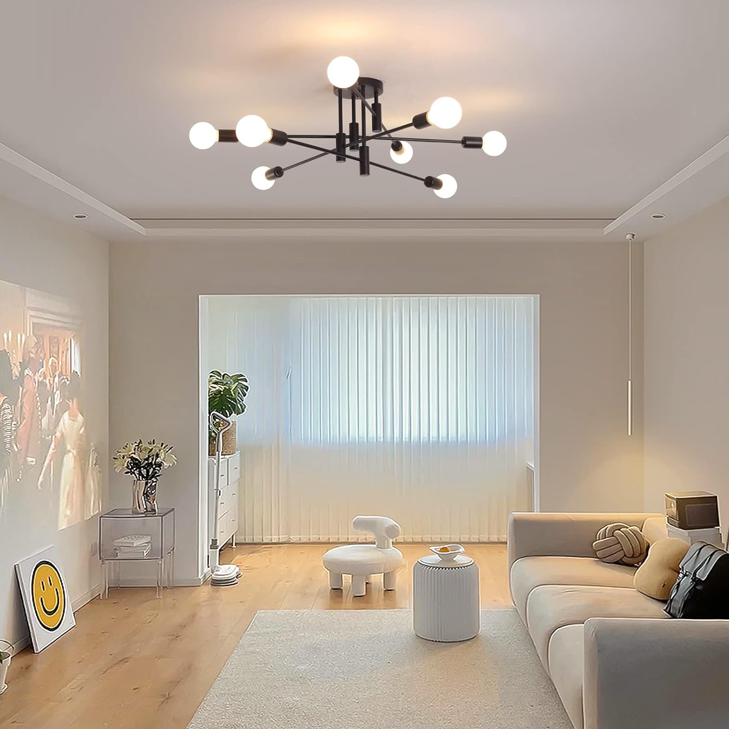 Premium Modern 8 Light Sputnik Semi Flush Chandelier - Black