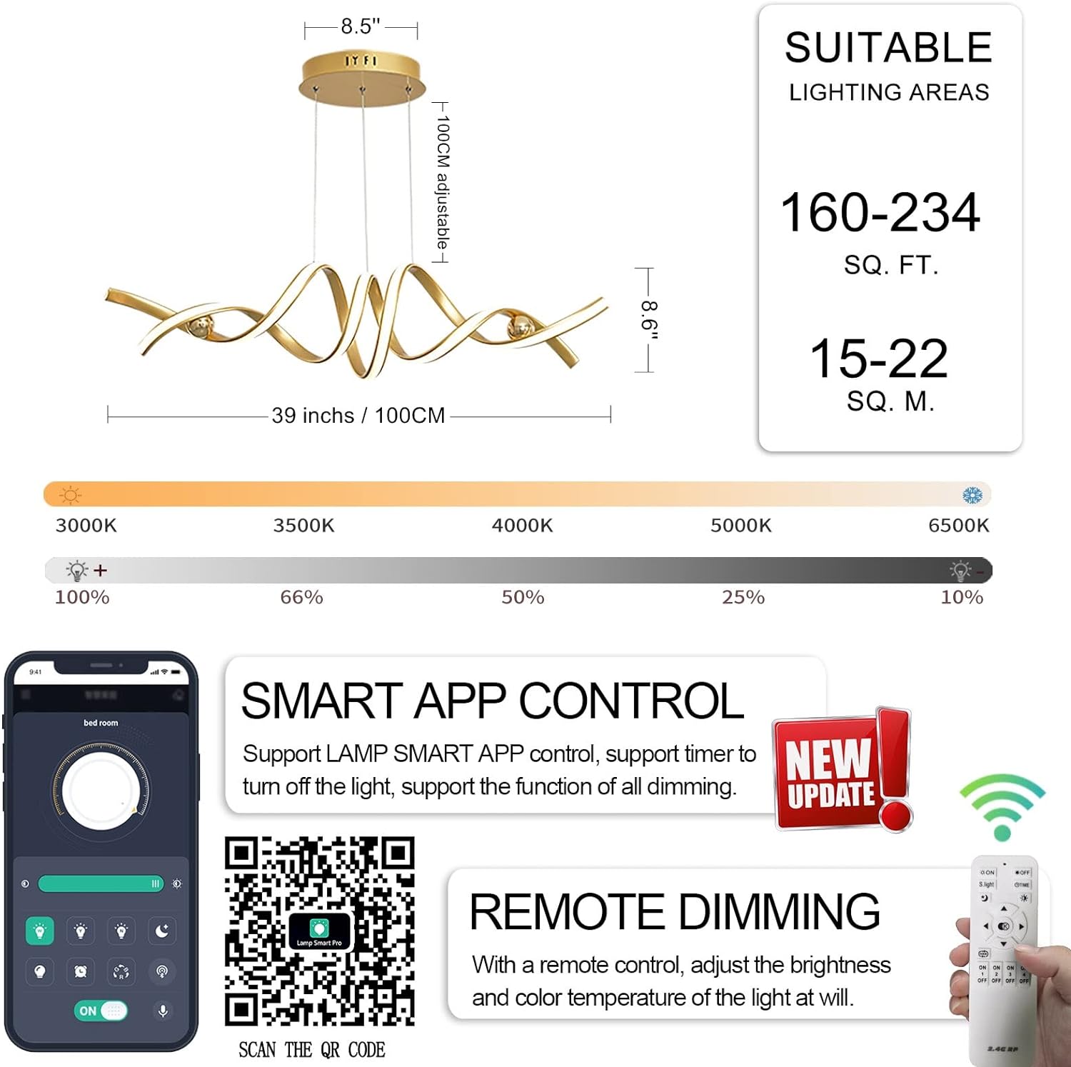 Premium Modern 75W LED Smart Chandelier - Gold