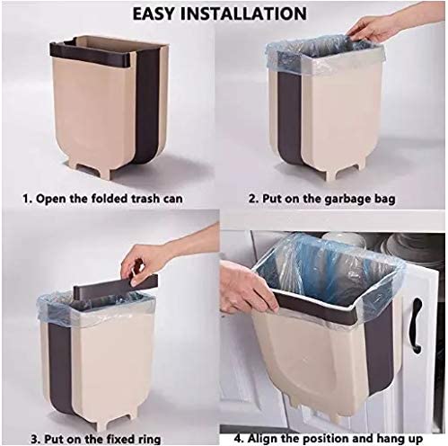Hanging Trash Can Collapsible Small Garbage Waste Bin 30x30x20 cm Beige