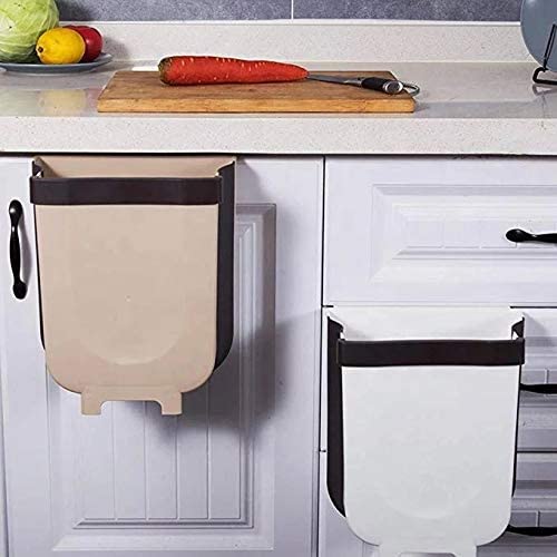 Hanging Trash Can Collapsible Small Garbage Waste Bin 30x30x20 cm Beige
