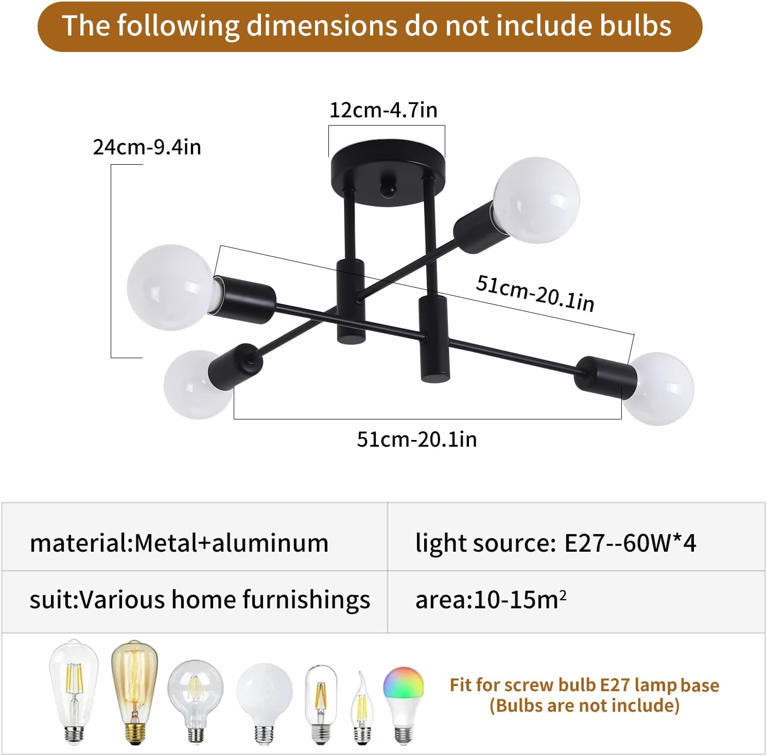 Mid Century Rustic Sputnik Ceiling Light Fixture, 4-Light, 50.8 cm x 24 cm, Adjustable Arms - SuperSaverAU - view 4
