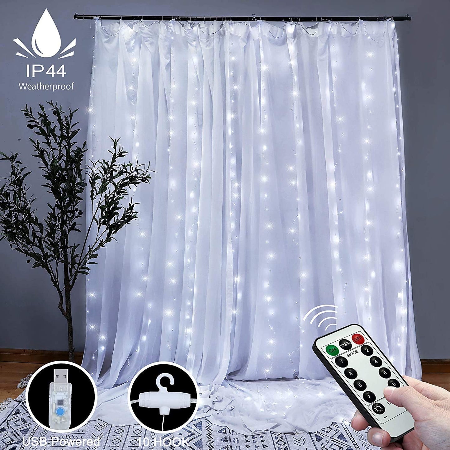 300 LEDs Fairy Curtain Lights with Remote Control, 8 Modes, USB Plug, 300 x 300cm