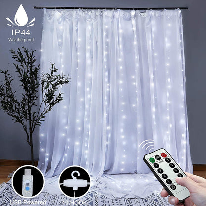 300 LEDs Fairy Curtain Lights with Remote Control, 8 Modes, USB Plug, 300 x 300cm