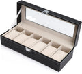 Black PU Leather Watch Organizer Display Storage Box for Men & Women, 6 Slots, Glass Lid, Velvet Lining, 30 x 12 x 8 cm - SuperSaverAU - view 1