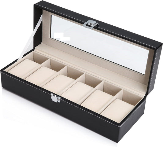 Black PU Leather Watch Organizer Display Storage Box for Men & Women, 6 Slots, Glass Lid, Velvet Lining, 30 x 12 x 8 cm