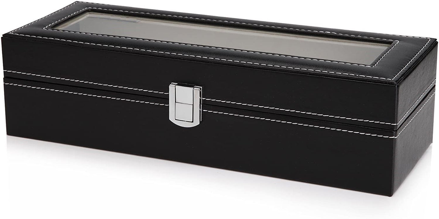Black PU Leather Watch Organizer Display Storage Box for Men & Women, 6 Slots, Glass Lid, Velvet Lining, 30 x 12 x 8 cm