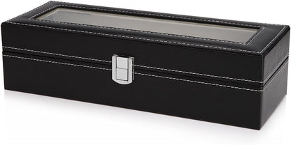 Black PU Leather Watch Organizer Display Storage Box for Men & Women, 6 Slots, Glass Lid, Velvet Lining, 30 x 12 x 8 cm